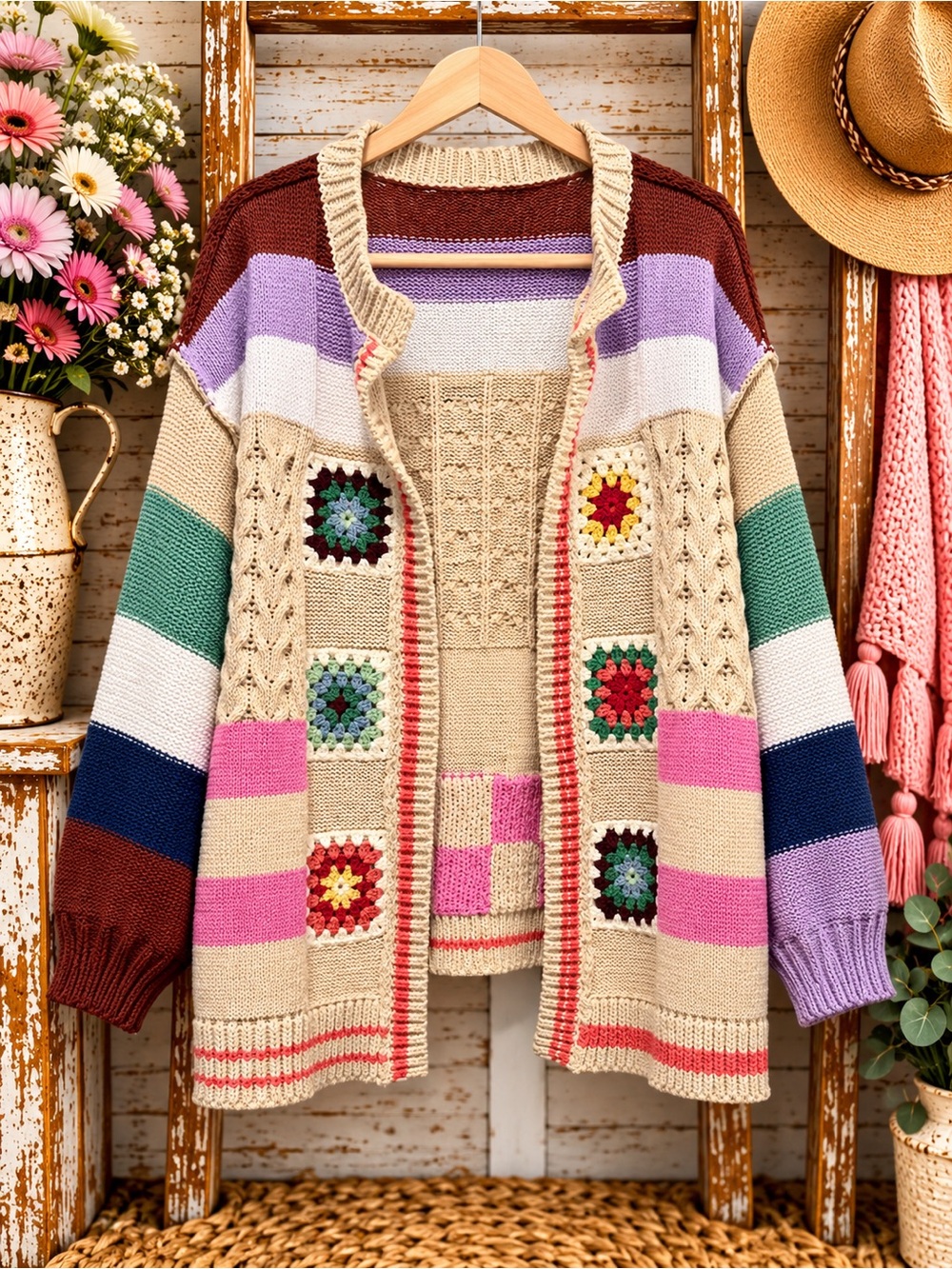 POL Beige Open-Front Cardigan with Multicolor Crochet Accents